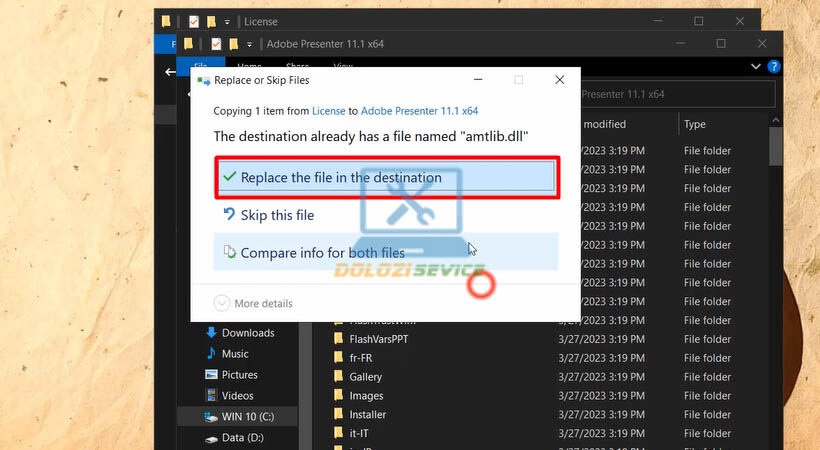Chọn Replace the file in the destination Adobe Presenter 2019
