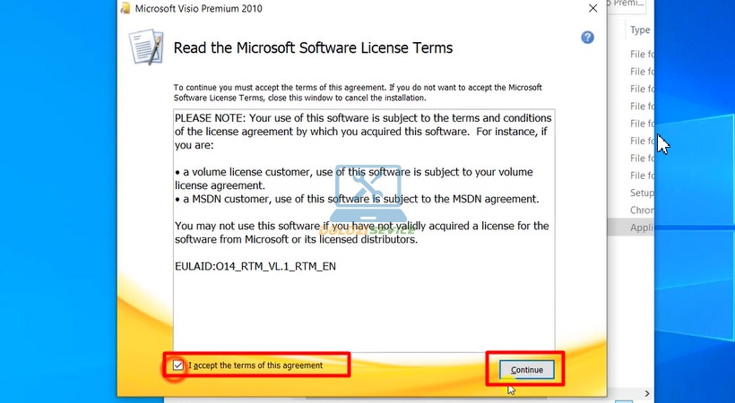 Nhấn I accept và Continue để tiếp tục cài đặt Visio Premium 2010