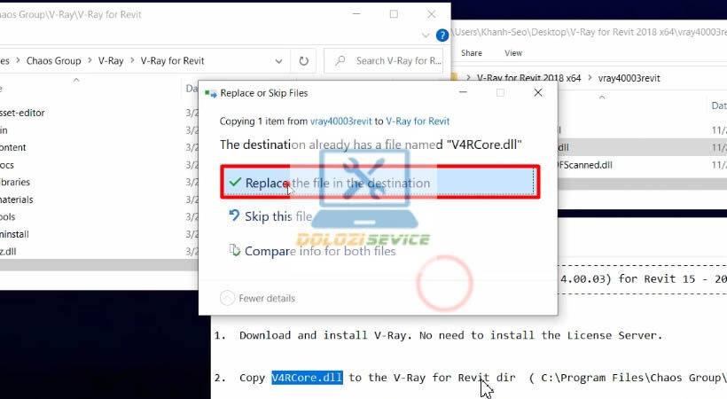 Chọn Replace the file in the destination Vray for Revit 2018