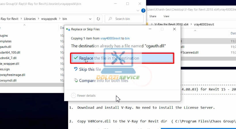 Chọn Replace the file in the destination Vray for Revit 2018