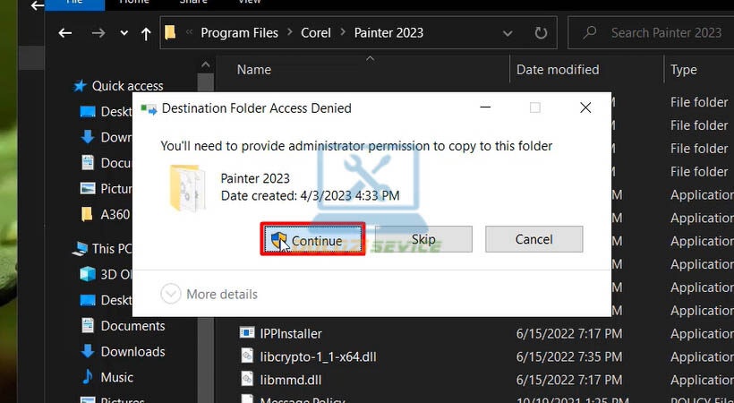 Chọn Continue Corel Painter 2023