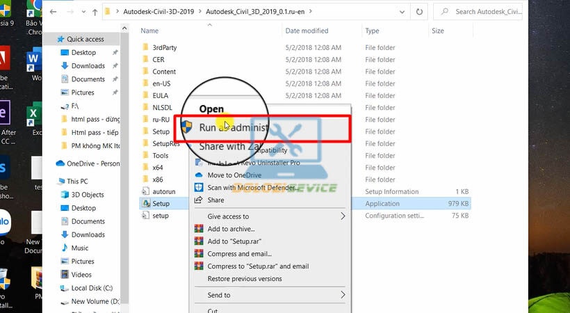 Chạy file setup Civil 3D 2019 với quyền admin