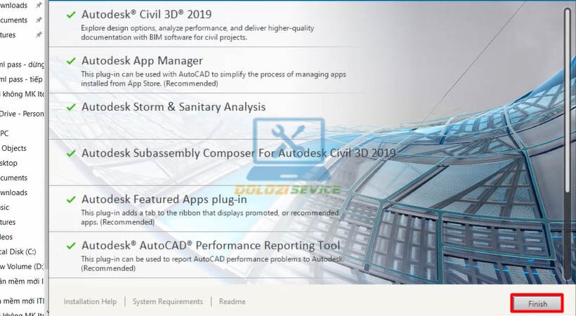 Hoàn tất cài đặt Civil 3D 2019 bằng cách chọn Finish