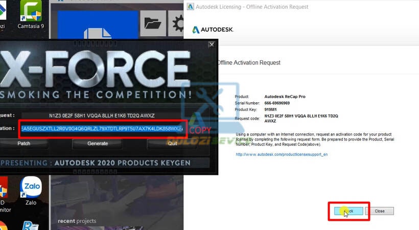 Copy thông tin rồi chọn Next để kích hoạt Autodesk Recap Pro 2021