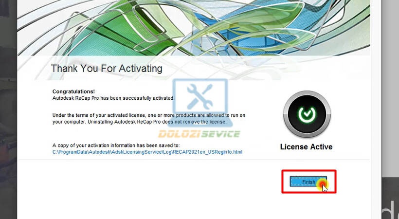 Chọn Finish hoàn tất kích hoạt Autodesk Recap Pro 2021