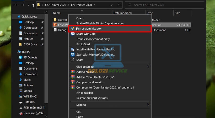 Chạy file cài đặt Corel Painter 2020 với quyền Admin