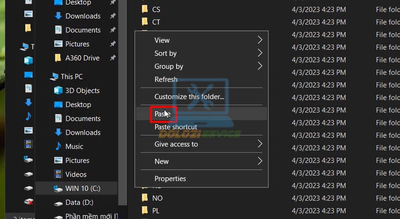 Dán file vào thư mục