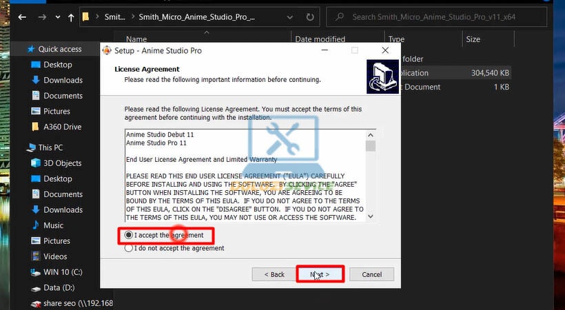 Chọn Next để tiếp tục cài đặt Smith Micro Anime Studio Pro V11
