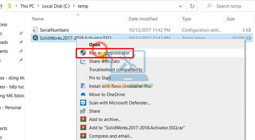 Chạy file Solidworks 2018 với quyền Admin