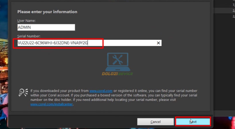 Dán Serial key vào trình cài đặt Corel VideoStudio 2019