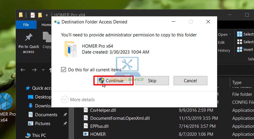 Nhấn Continue để hoàn tất việc thay thế file Homer Pro 3