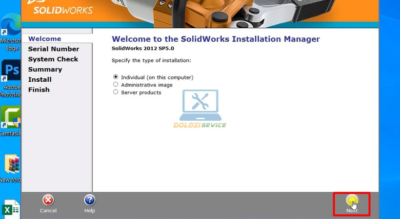 Nhấn Next để tiếp tục cài đặt Solidworks 2012