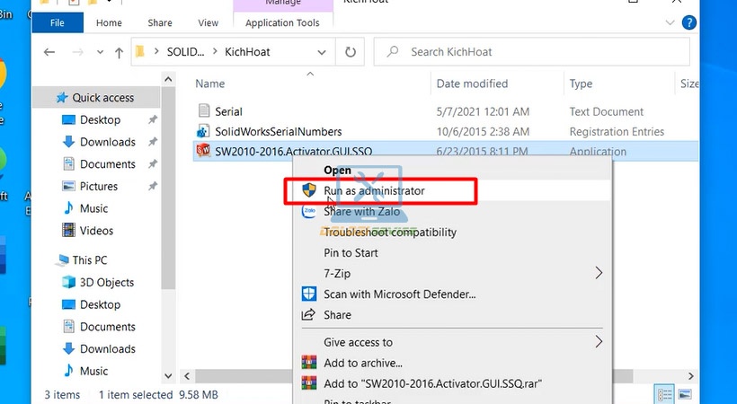 Khởi chạy file kích hoạt Solidworks