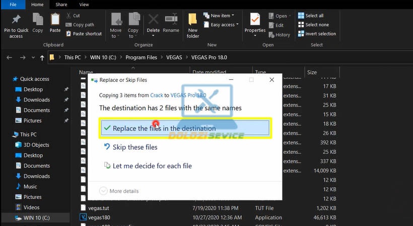 Chọn Replace the file in the destination