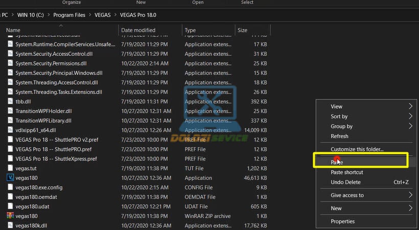 Paste file kích hoạt vào thư mục cài đặt Vegas Pro 18.0