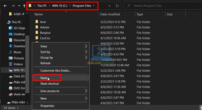 Dán vào Program Files