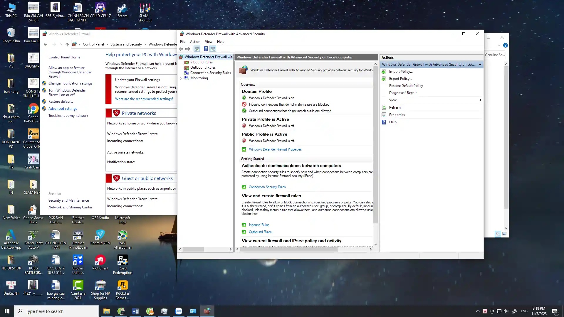 Mở Windows Defender Firewall thông qua Control Panel